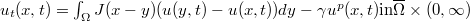 u_t(x,t)=\int_{\Omega}J(x-y)(u(y,t)-u(x,t))dy-\gamma u^{p}(x,t)& \mbox{in}& \overline{\Omega}\times(0,\infty)